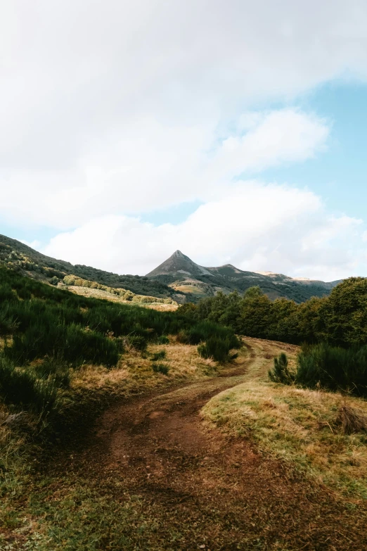 a dirt trail on a grassy hill with green hills in the distance