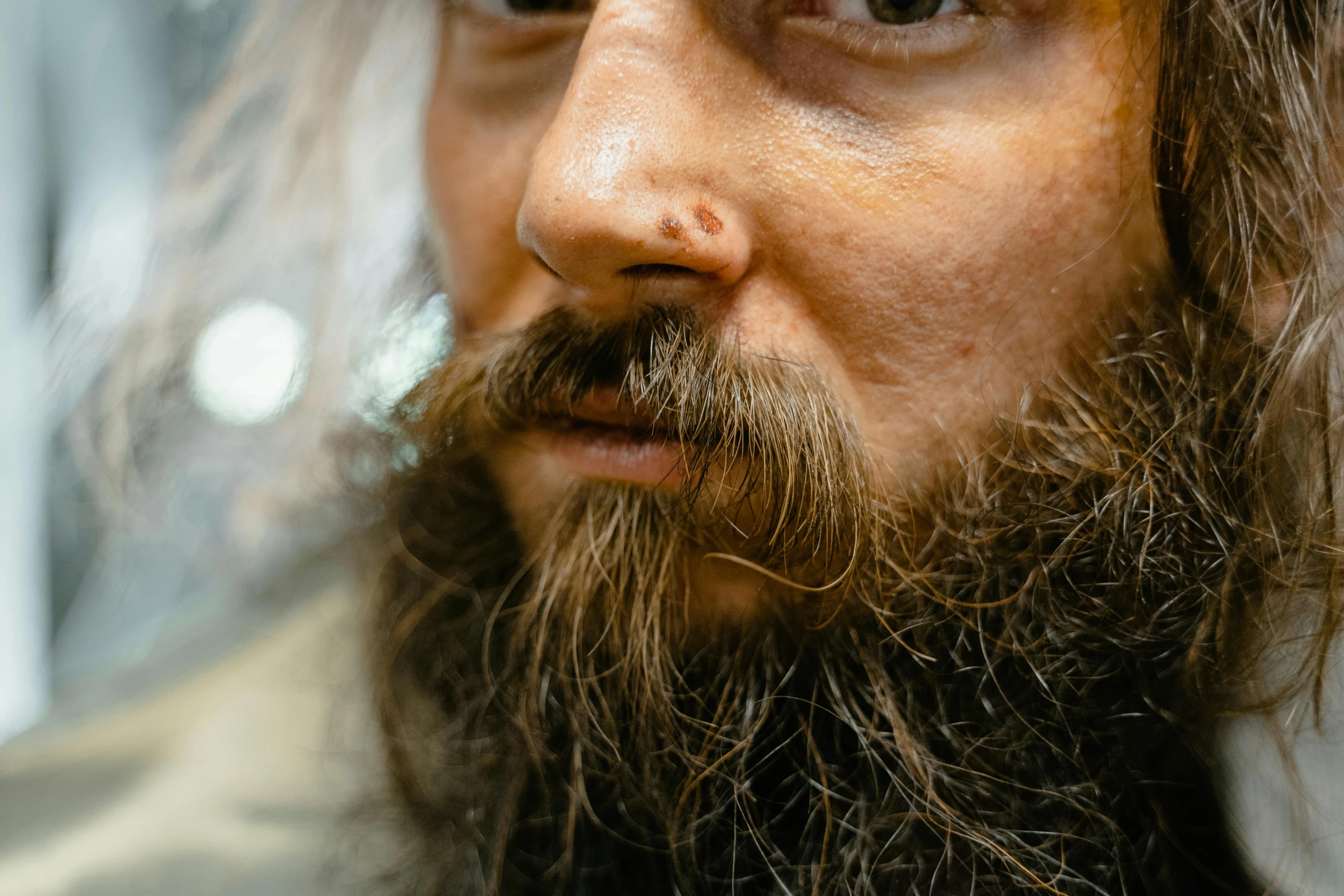 a man wearing a long beard with his hair styled like he is staring into the distance