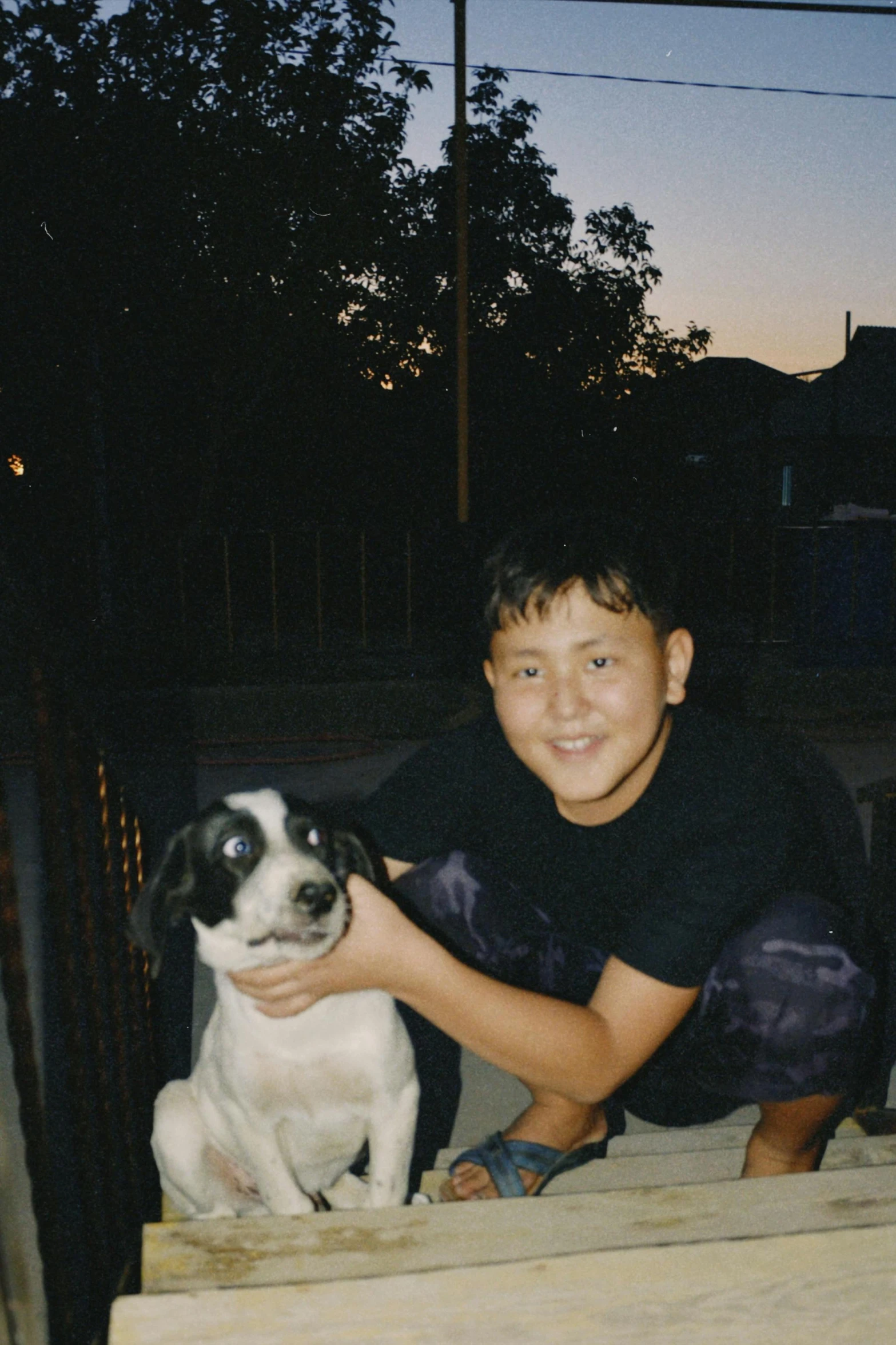 a  is holding a small dog that is sitting on stairs