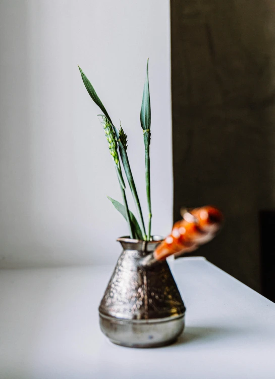 a silver vase with green and red plants in it