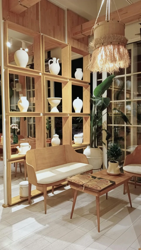 an indoor living room with wooden shelves and white furniture