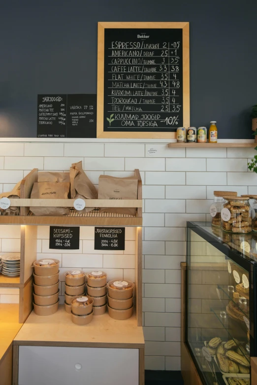 a display of food in a cafe with menus