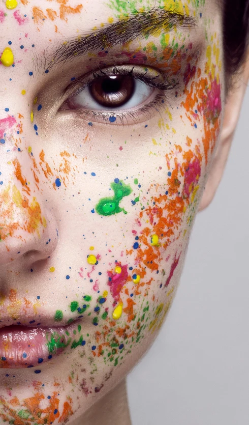 a woman is covered with brightly colored paint on her face