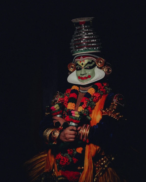 the mask of an indian festival dancer with traditional costume on