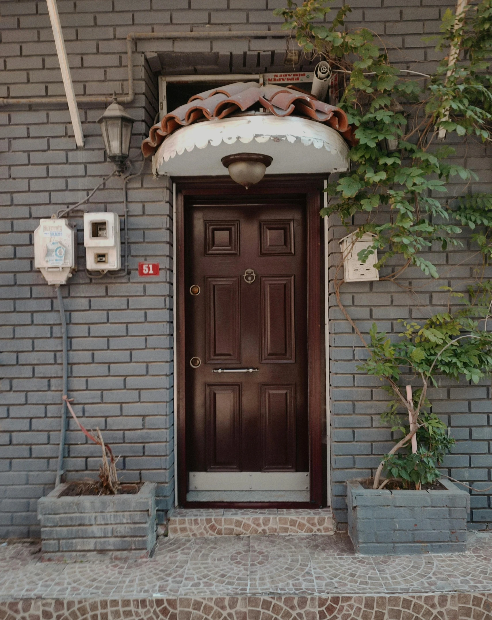 a front door and some plants on the sidewalk