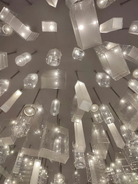 the ceiling features a series of glass balls and disco lights