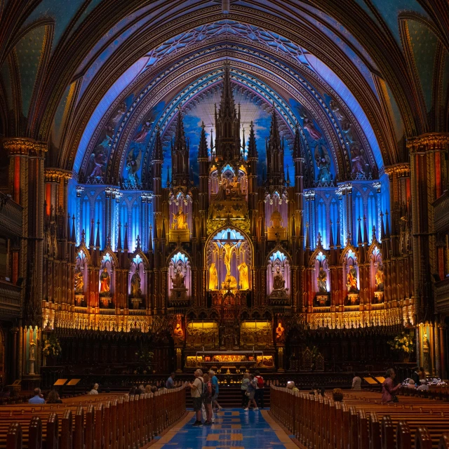 a cathedral has blue lights in it