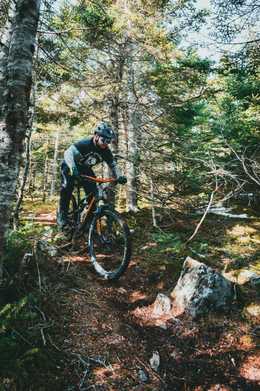 a man riding a bike through the woods