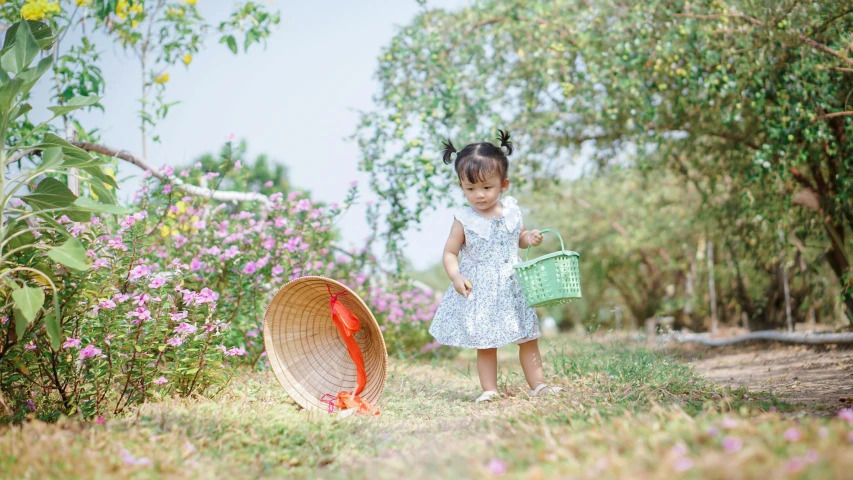 a girl with a basket near some purple flowers