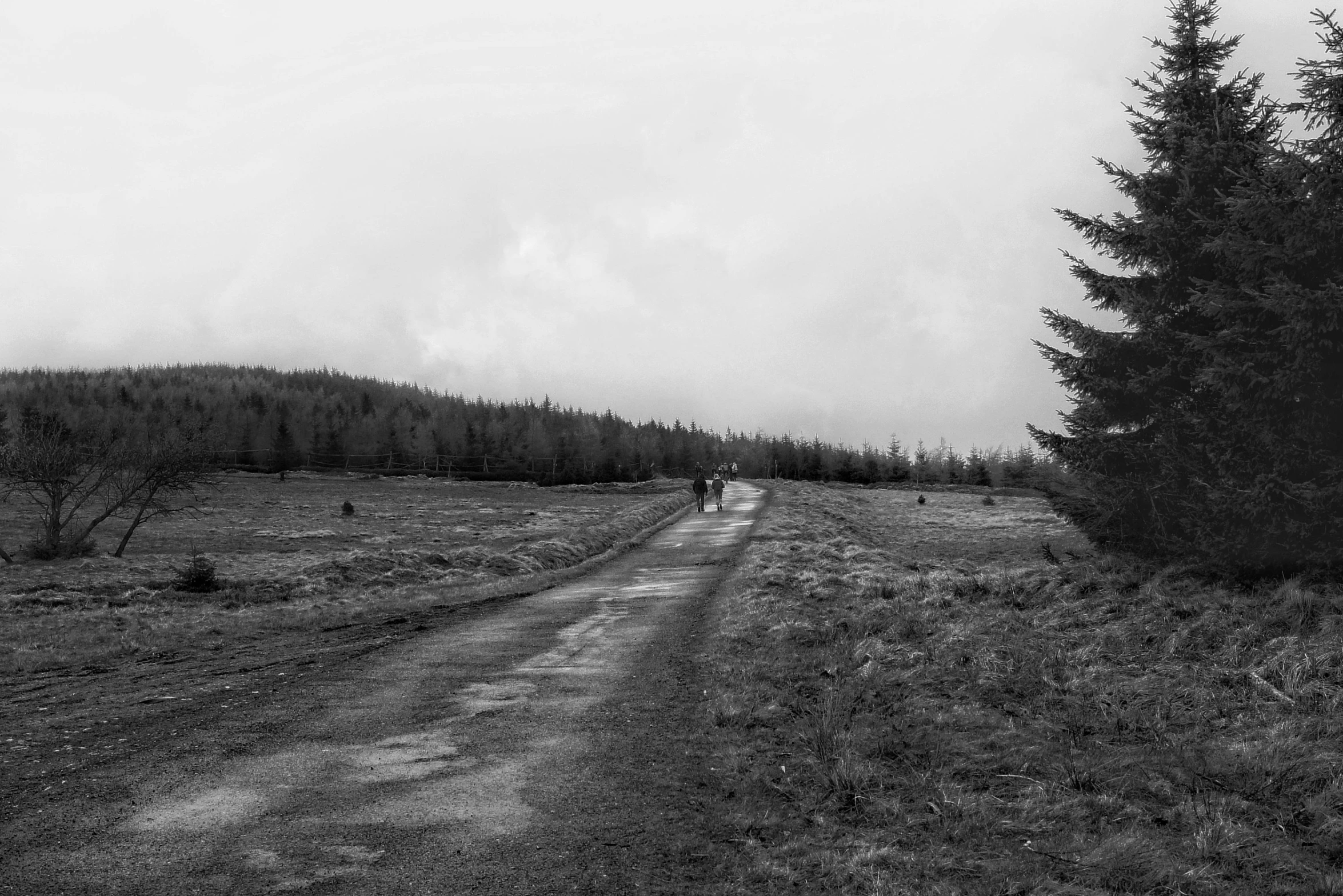 black and white po of person riding bike on open dirt road with mountains behind