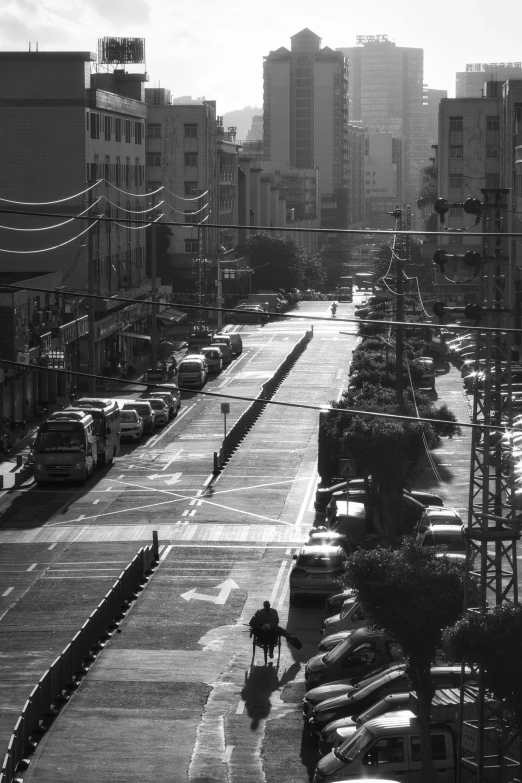 this is an empty downtown road in the middle of the day