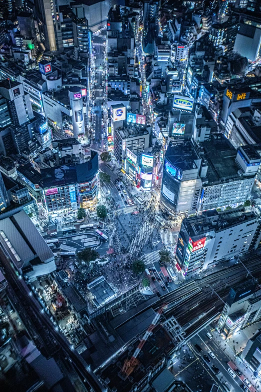 an aerial view of a city at night