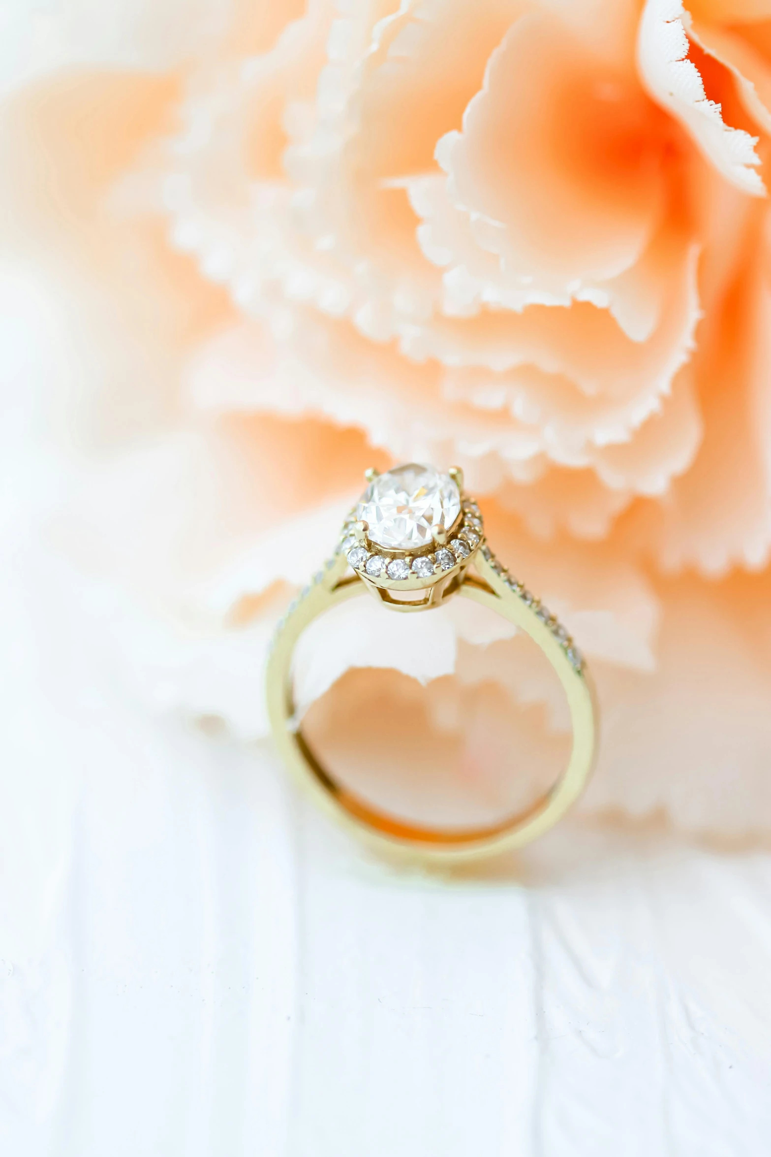 a rose is seen in front of a diamond ring