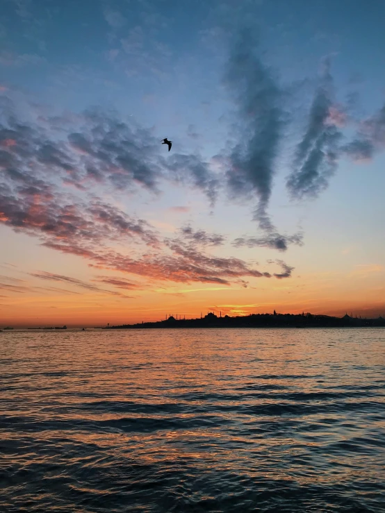 the sun sets over a sea with an animal flying in the sky