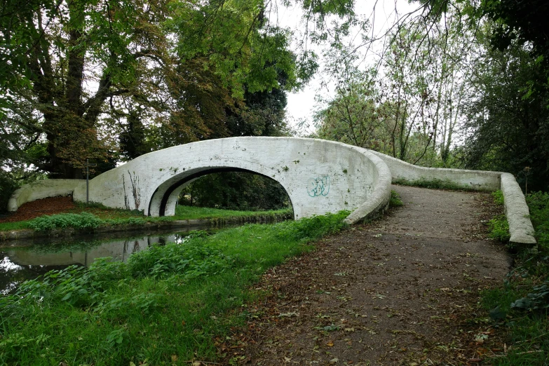 a curved bridge is shown over water