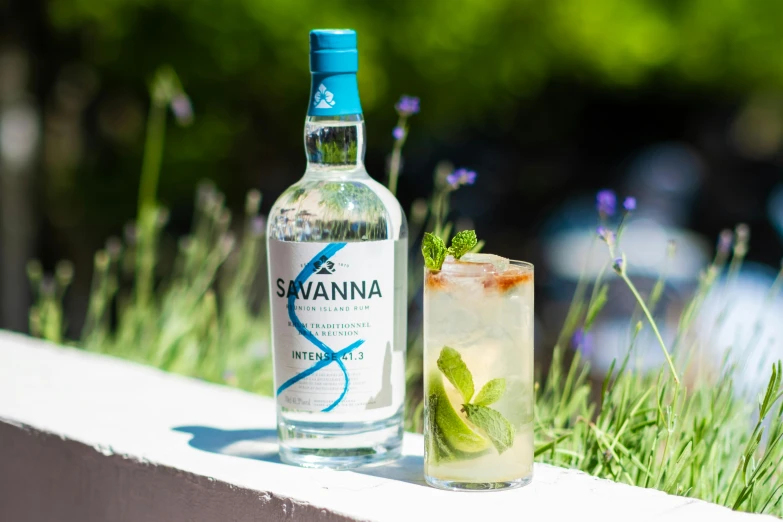 a close up of an alcoholic drink next to a glass with ice