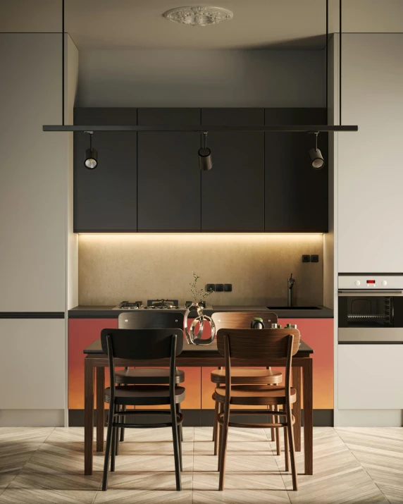 two wooden chairs sitting in front of a kitchen island