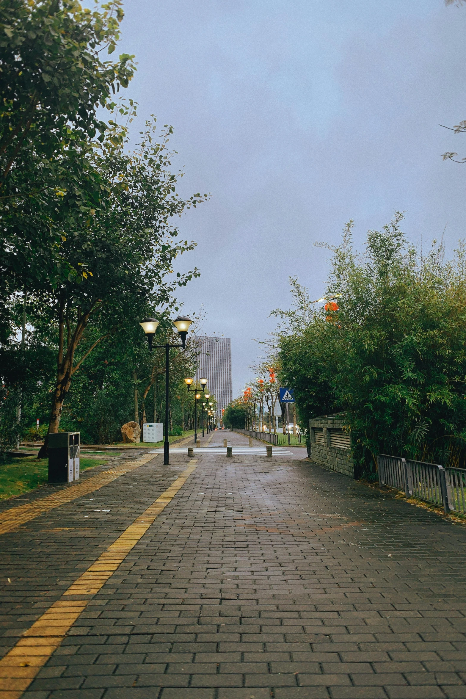 a paved street is shown with trees and buildings