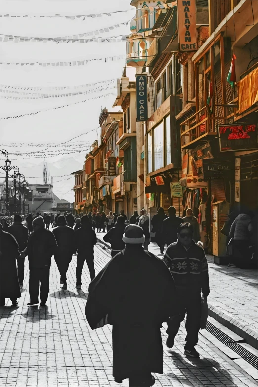 a group of people standing on a street next to buildings