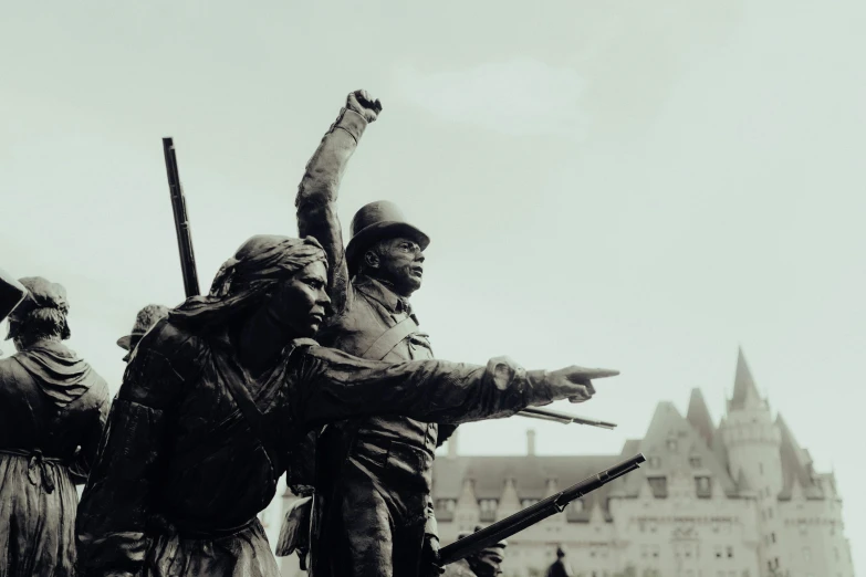 several soldiers pointing towards an elaborate building