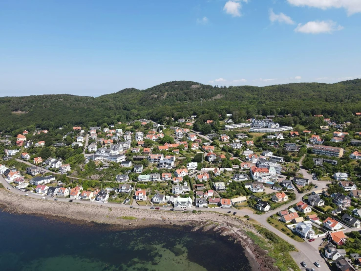 the aerial po of a beach town surrounded by trees