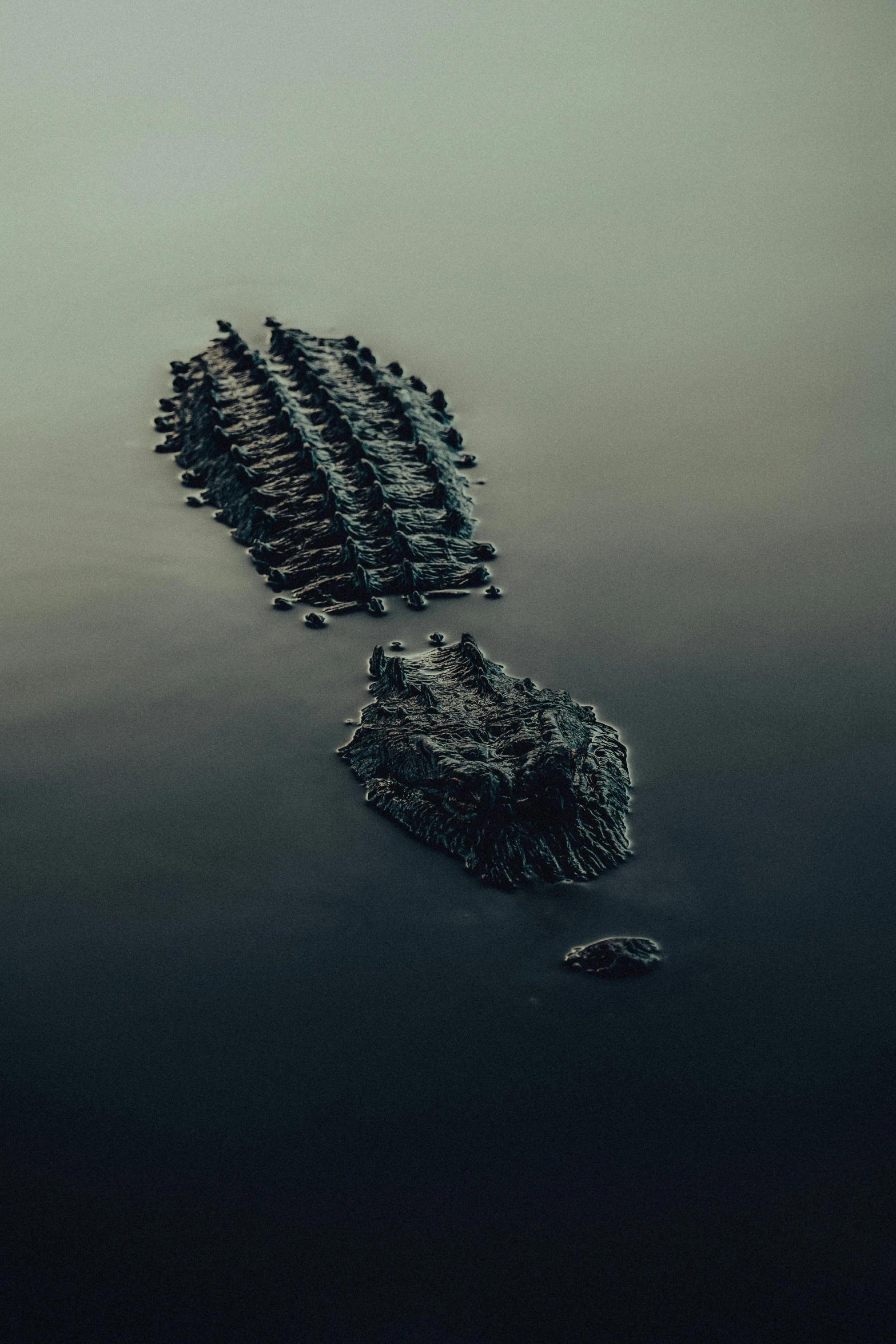 an abstract po shows an expanse of water, and a large piece of black paper, laying on the floor