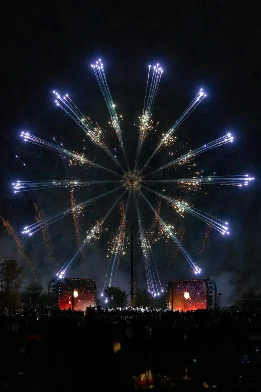 a ferris wheel on a field during a fireworks display