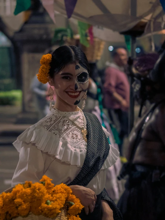 there is a woman in mask and flowers on her head