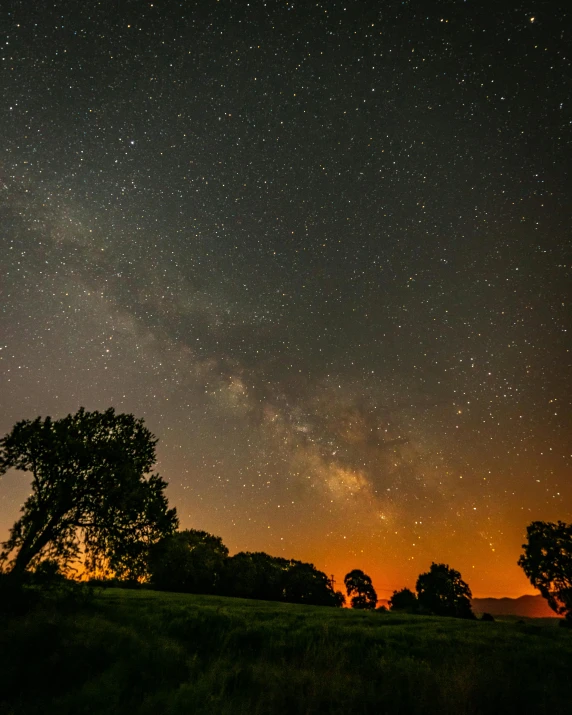 the night sky with a large group of trees and lights shine brightly from the distance