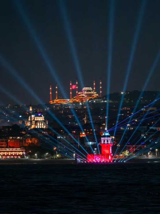 lights illuminate the city skyline as they stand in the ocean