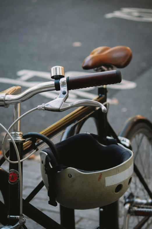 an upside down view of a bike that is parked on the side of the road