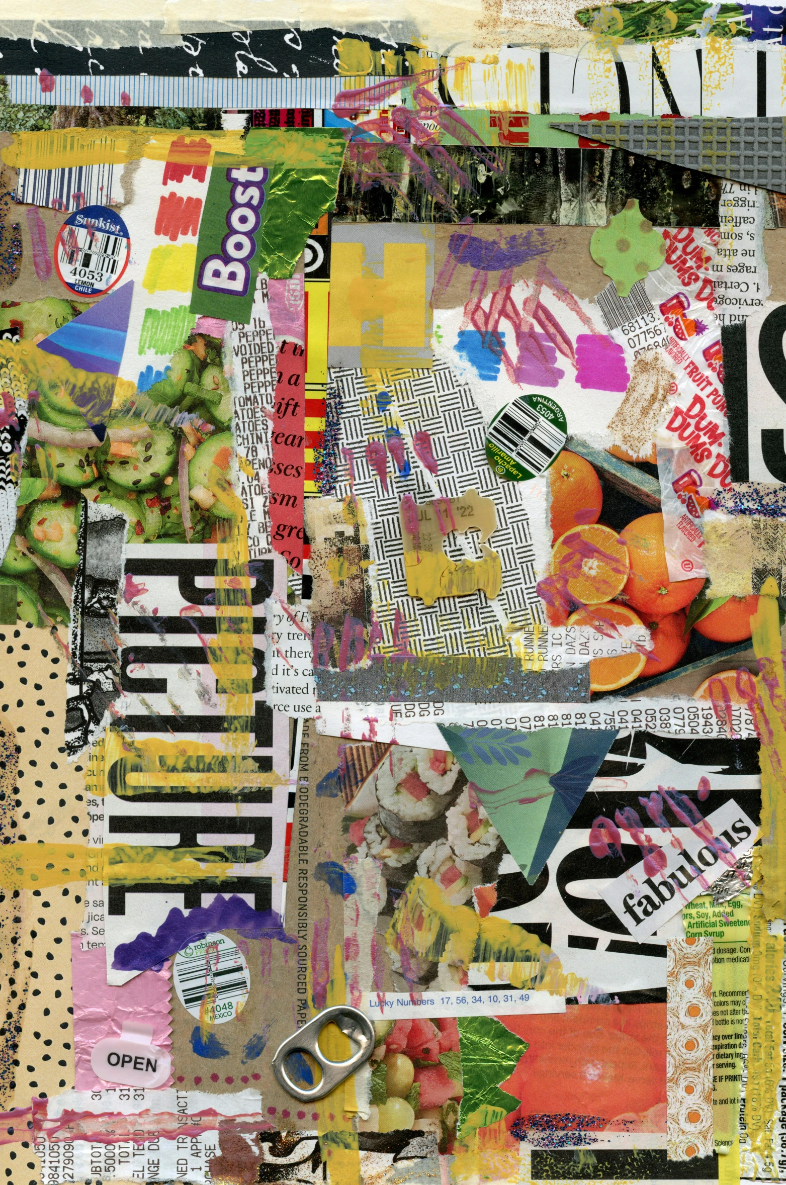 mixed collage with papers and fruits