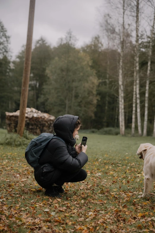 a person crouches down to take a picture with a dog