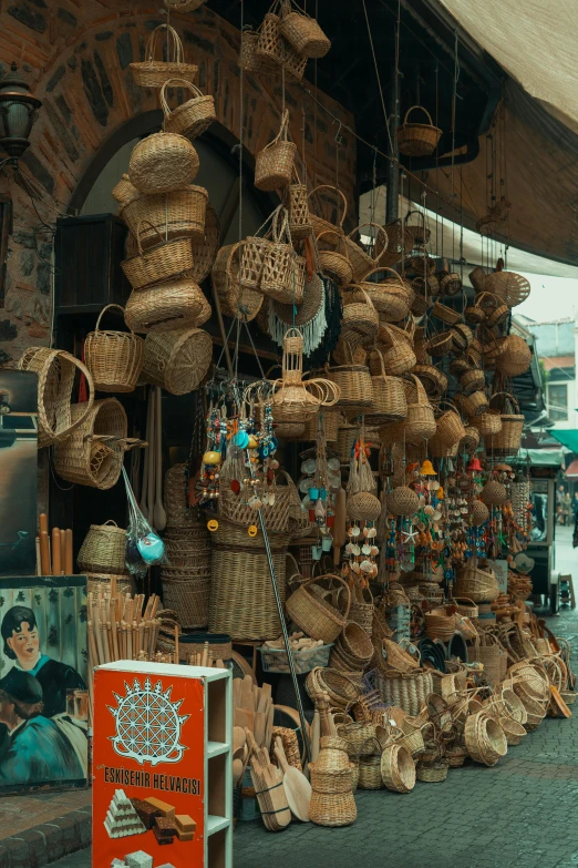 an open market with baskets and items to sell