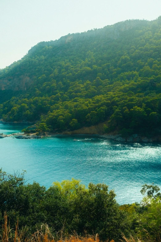 an island in the middle of a river surrounded by mountains