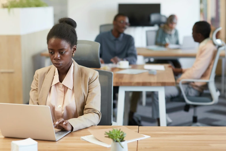 a woman using her laptop while others work in the background