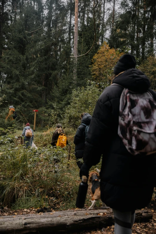 several people stand around in the woods