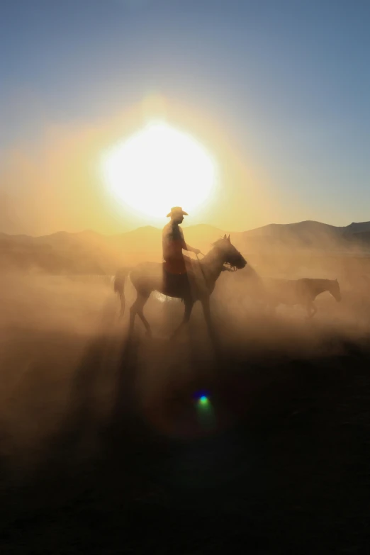 two people riding horses in the foggy mountains