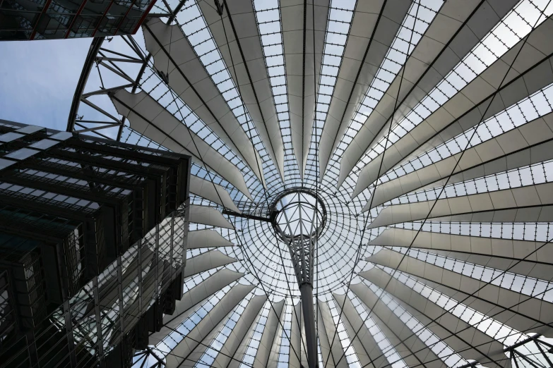 a view looking up at the ceiling of a building