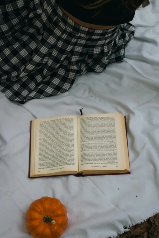 a black and white blanket with an open book and a single orange