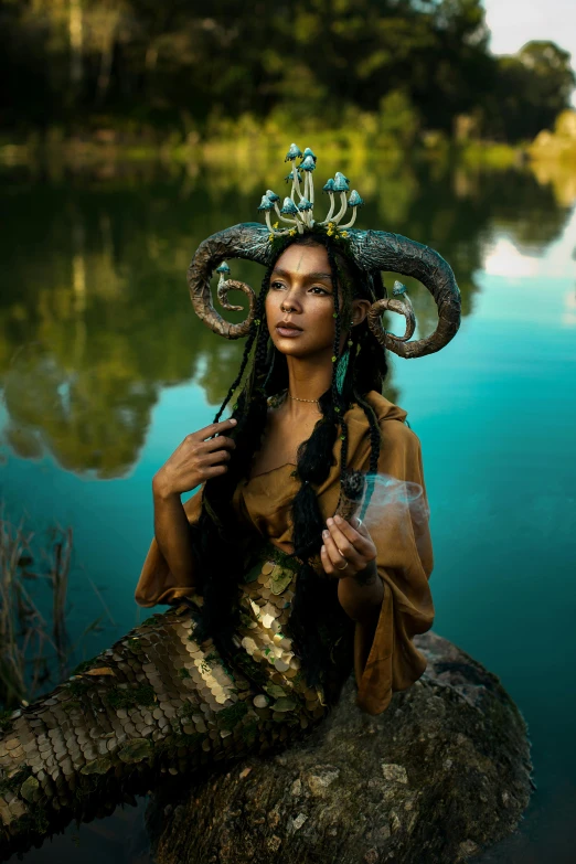 a woman with long hair holding an elephant trunk