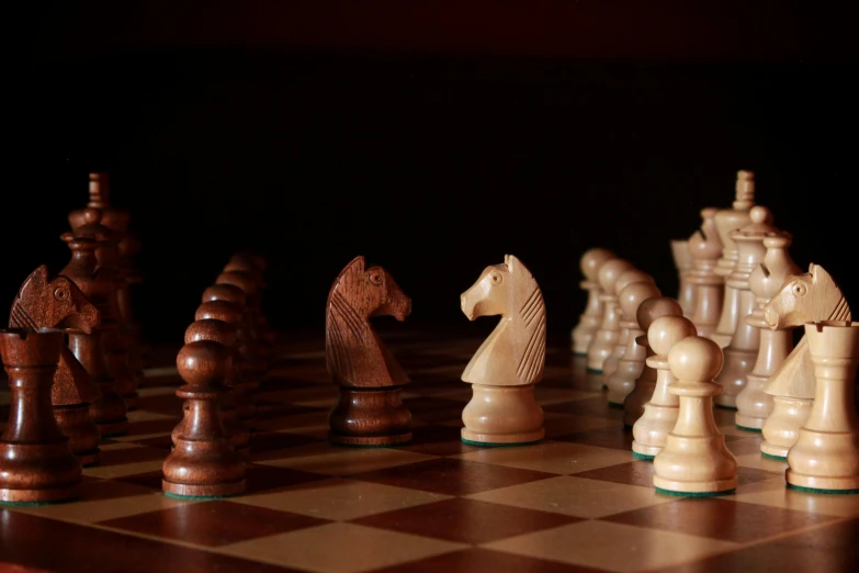 chess pieces on the chess board with one horse