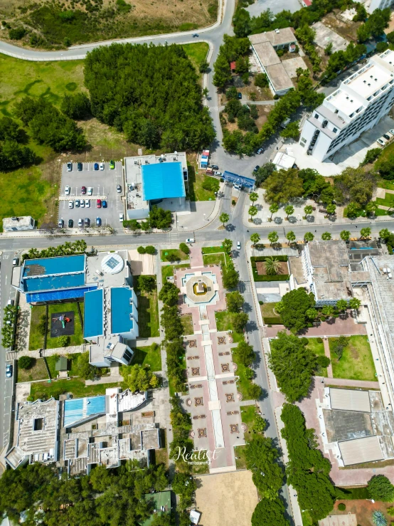 aerial view of a large building and buildings