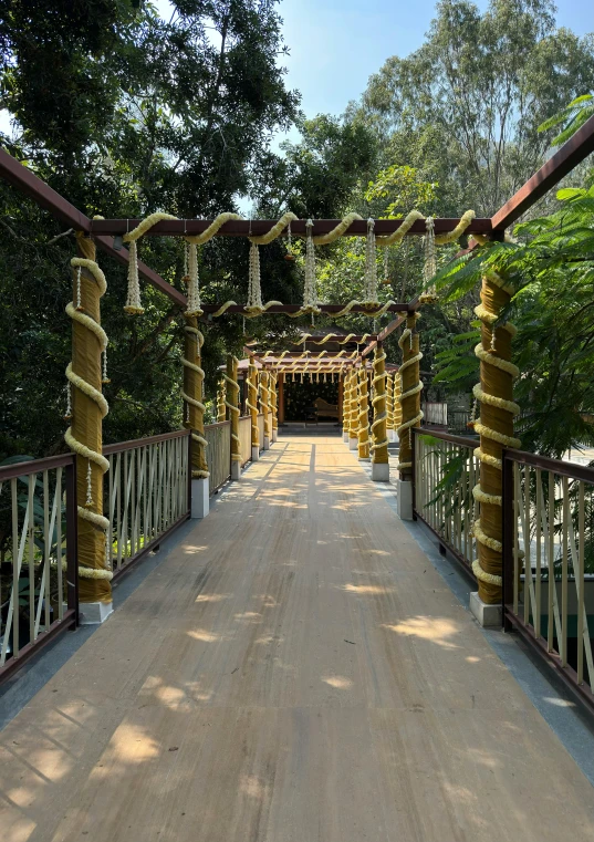 a road covered in lots of yellow ropes and arches