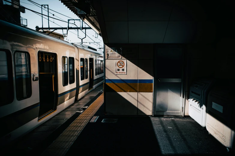 two trains parked at a train station on the tracks