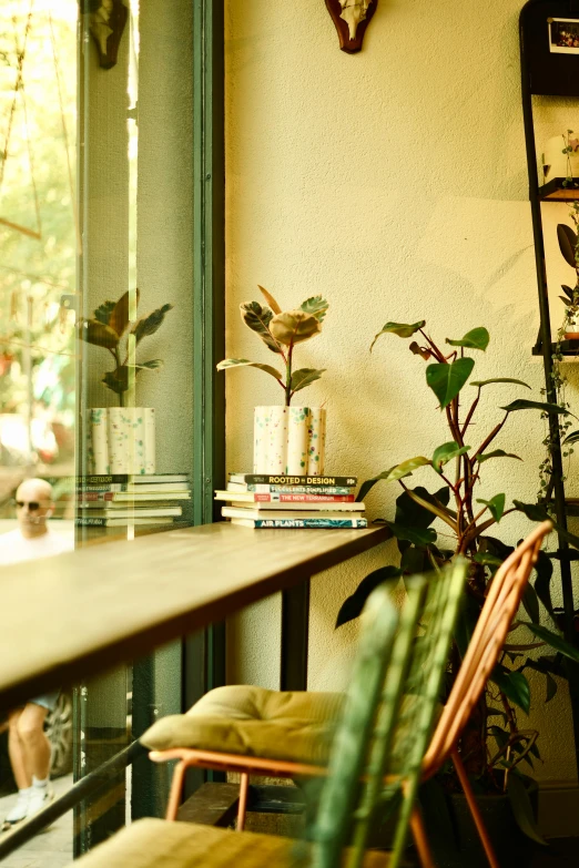 the tables are lined up near a shelf with some plant