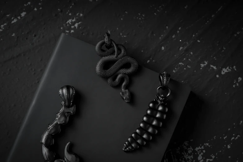 a book with black beads and a chain on it