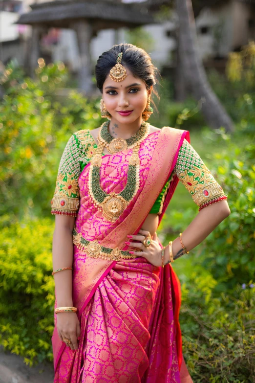 indian woman with jewelry in traditional dress in a park