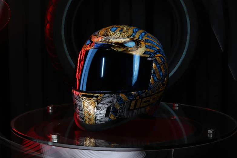 a helmet is pictured on top of a glass table