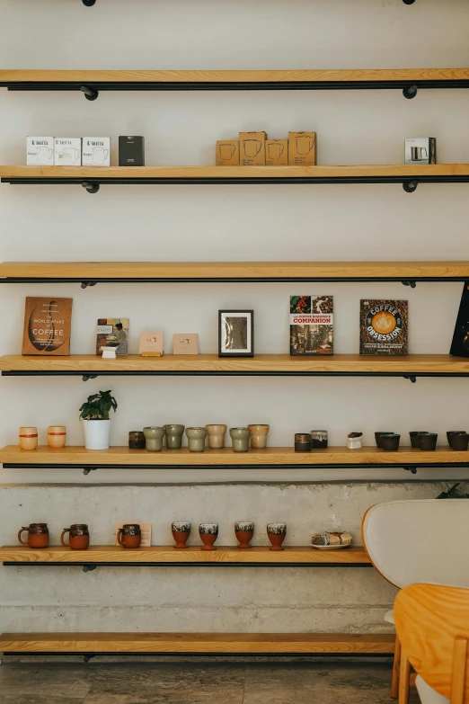 two shelves that have coffee cups on top